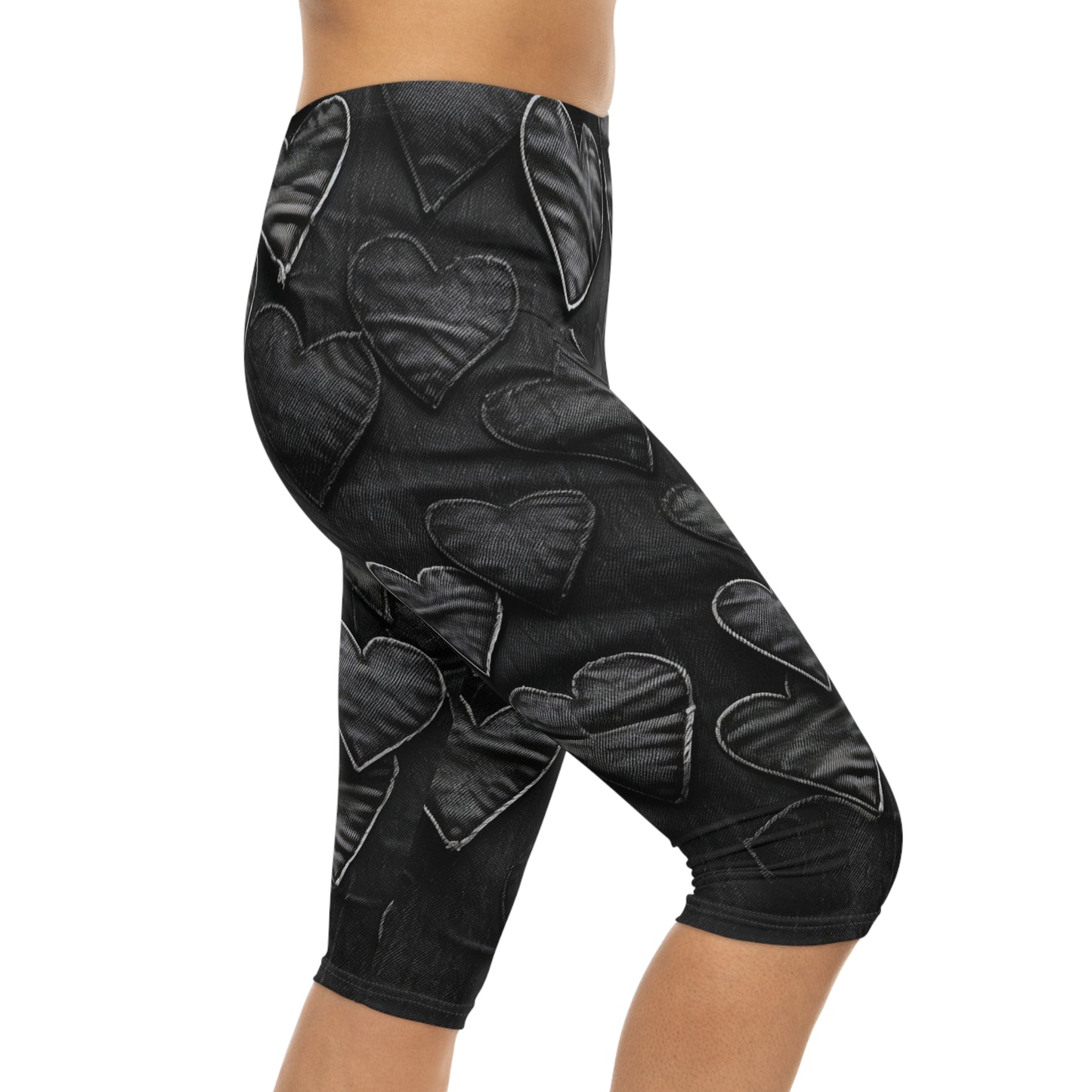 Black: Distressed Denim-Inspired Fabric Heart Embroidery Design - Women’s Capri Leggings (AOP)