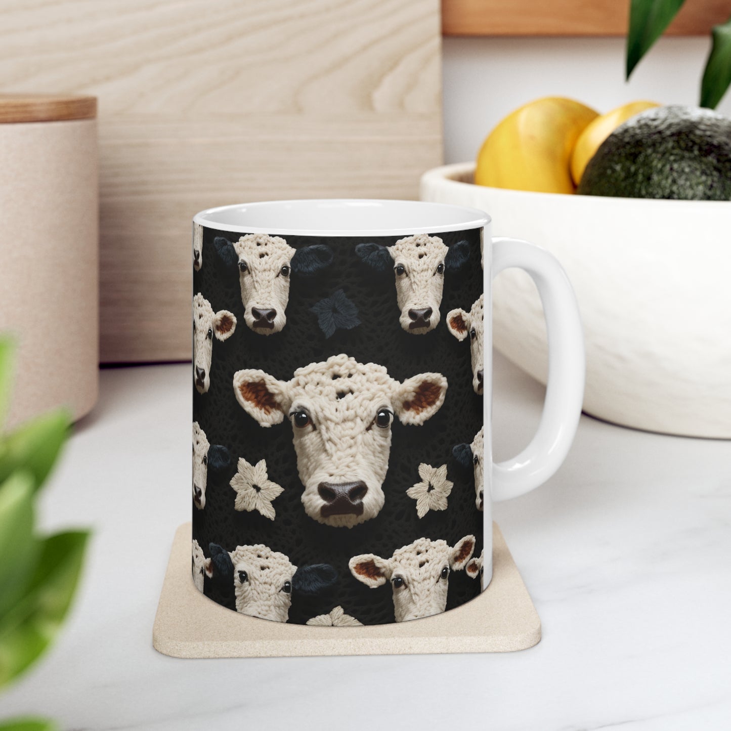 Patrón de vaca de ganchillo Estilo de tela de animales de granja - Taza de cerámica 11oz