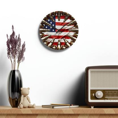 American Valor Acrylic Wall Clock - Patriotic Bullet Array, Non-Live Ammunition, Stars and Stripes Display, Heroic USA Timepiece