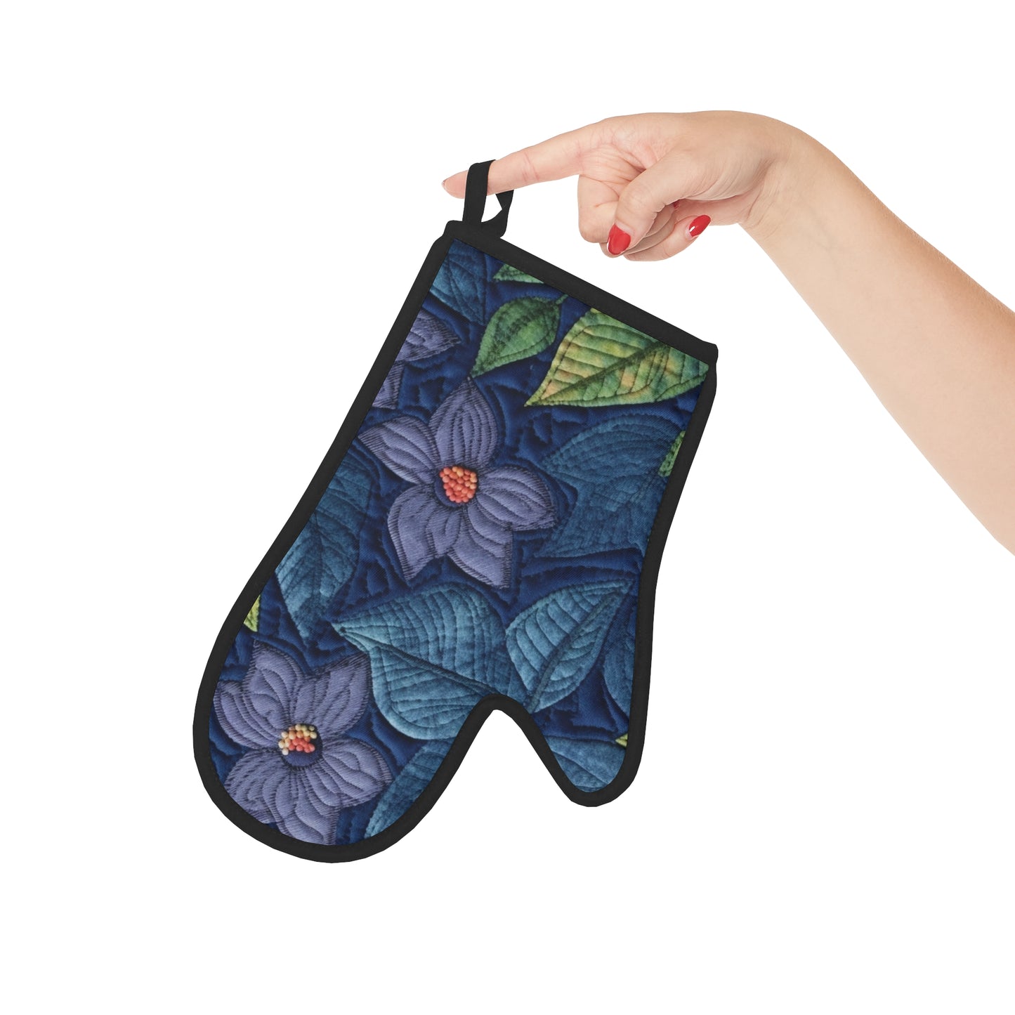 Bordado floral azul: diseño floral artesanal inspirado en la mezclilla - Oven Glove