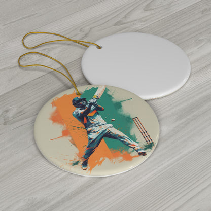 Cricket Batsman, Ball Strike, Indian Flag Color Background - Street Style - Ceramic Ornament, 4 Shapes