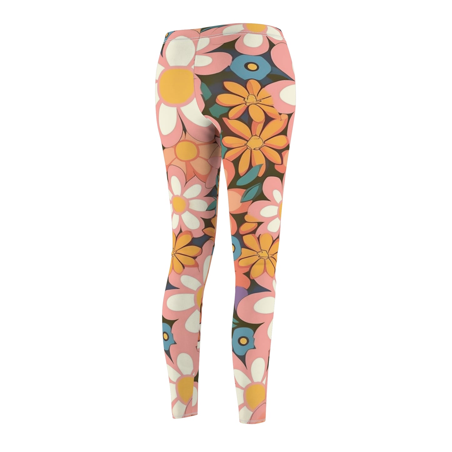 Groovy 1960s 1970s Pink & Orange Daisy Mod Floral - Women's Cut & Sew Casual Leggings (AOP)