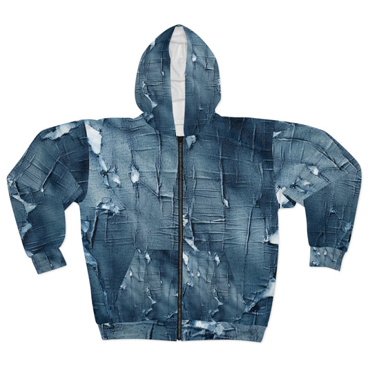 Distressed Blue Denim-Look: Edgy, Torn Fabric Design - Unisex Zip Hoodie (AOP)