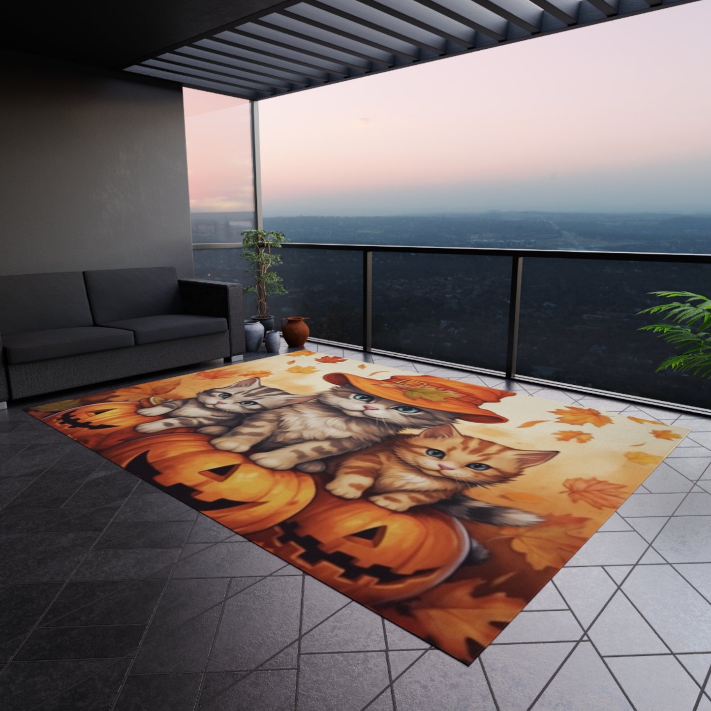 Kitty Cat Kittens Halloween - Cute Furries on Pumpkin - Festive Feline Decor - Outdoor Rug