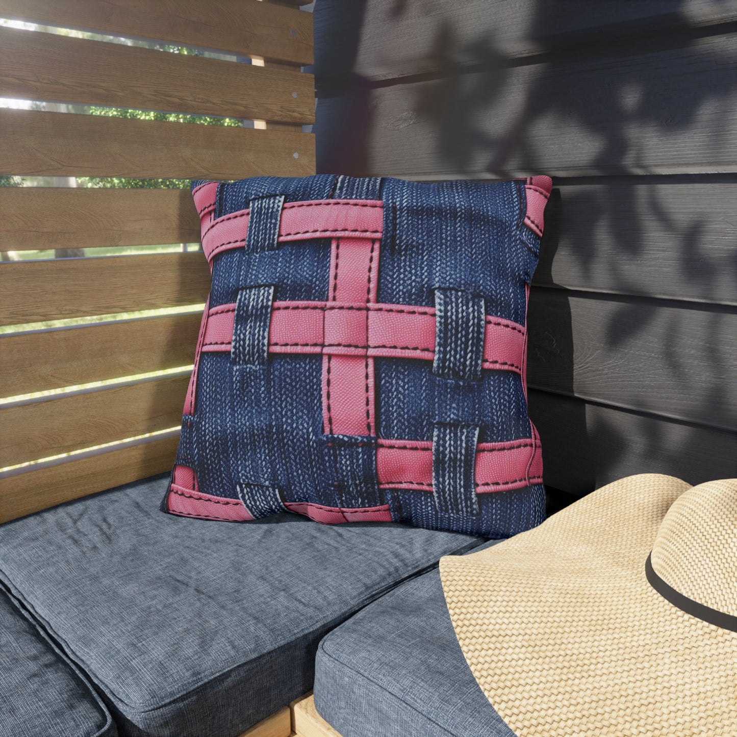 Candy-Striped Crossover: Pink Denim Ribbons Dancing on Blue Stage - Outdoor Pillows