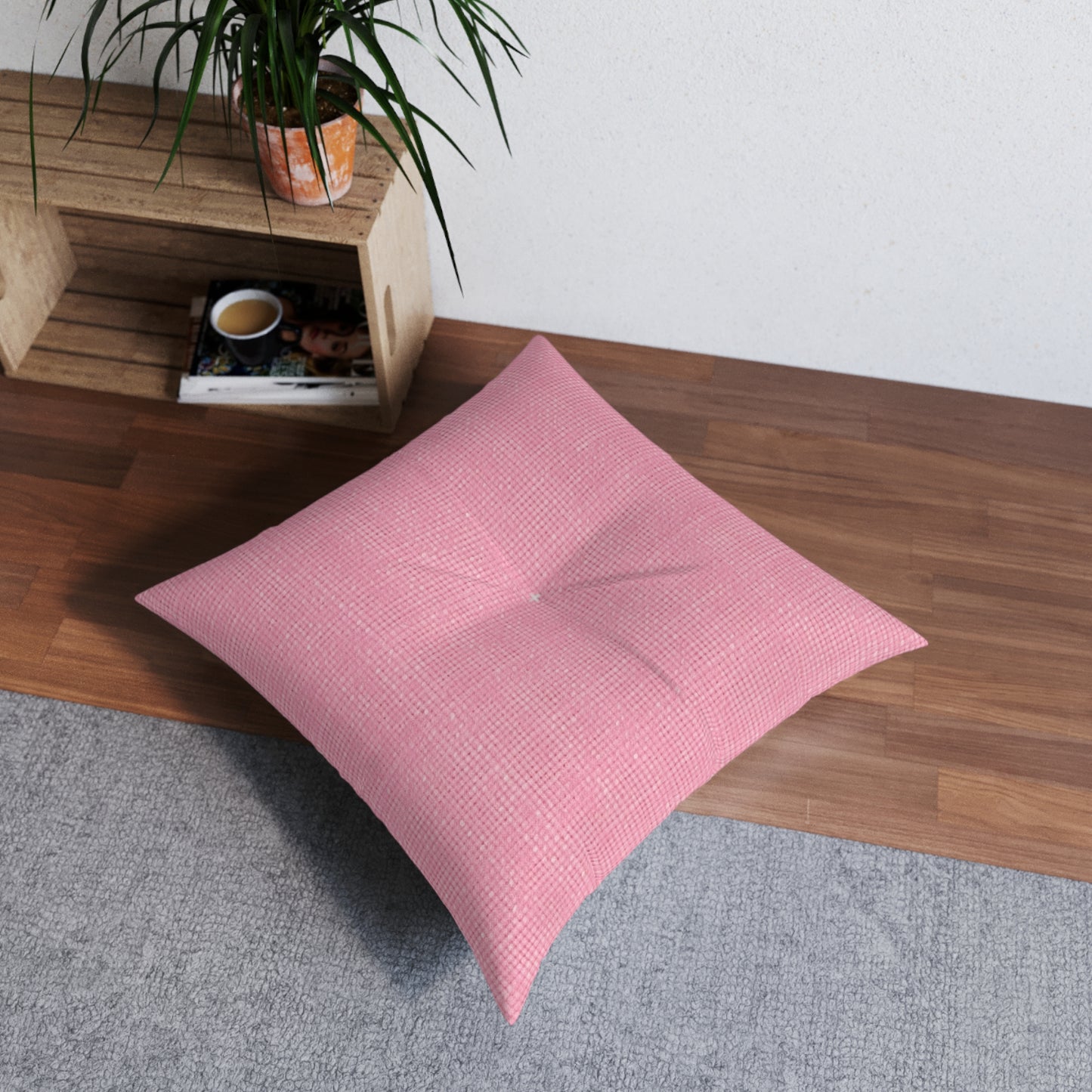 Pastel Rose Pink: Denim-Inspired, Refreshing Fabric Design - Tufted Floor Pillow, Square