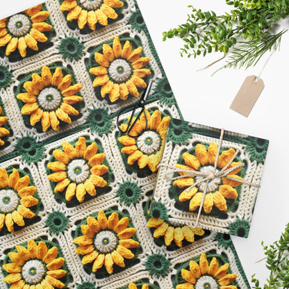 Sunflower Crochet Elegance, Granny Square Design, Radiant Floral Motif. Bring the Warmth of Sunflowers to Your Space - Wrapping Paper