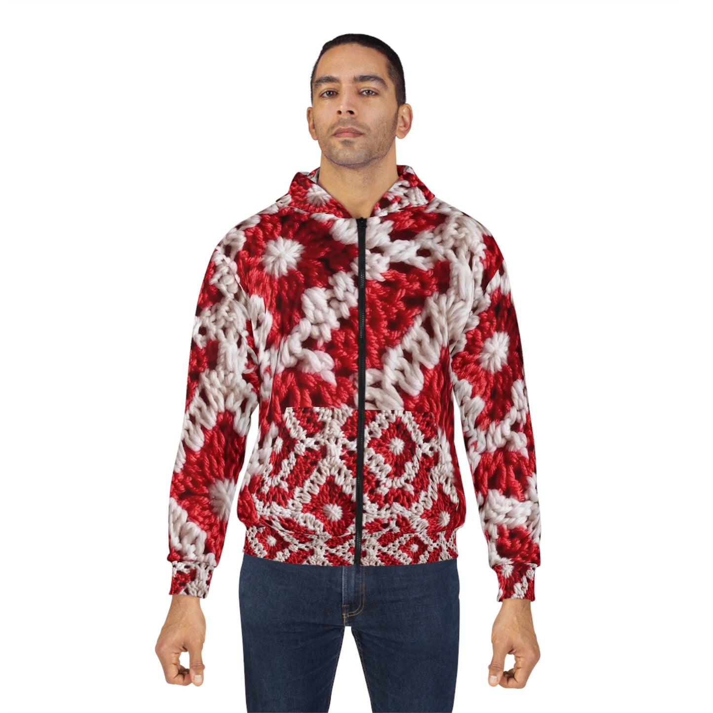 Warm Winter Red & White Crochet Knit: Cinematic Chic Texture Design - Unisex Zip Hoodie (AOP)