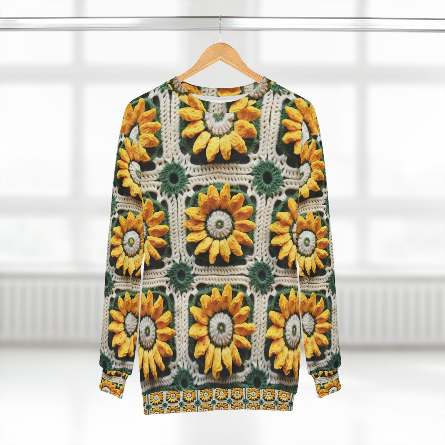 Elegancia de crochet de girasol, diseño Granny Square, motivo floral radiante. Lleva la calidez de los girasoles a tu espacio - Sudadera unisex (AOP) 