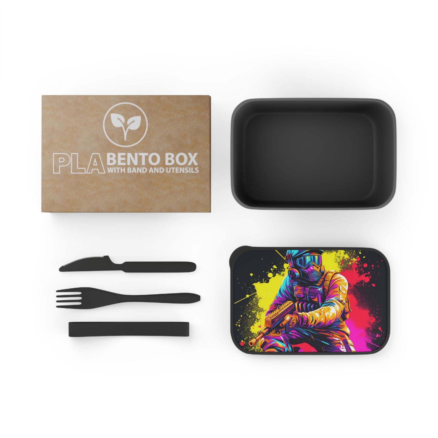 Paintball Action Sport: Player in Battle, Paint Splatter - PLA Bento Box with Band and Utensils