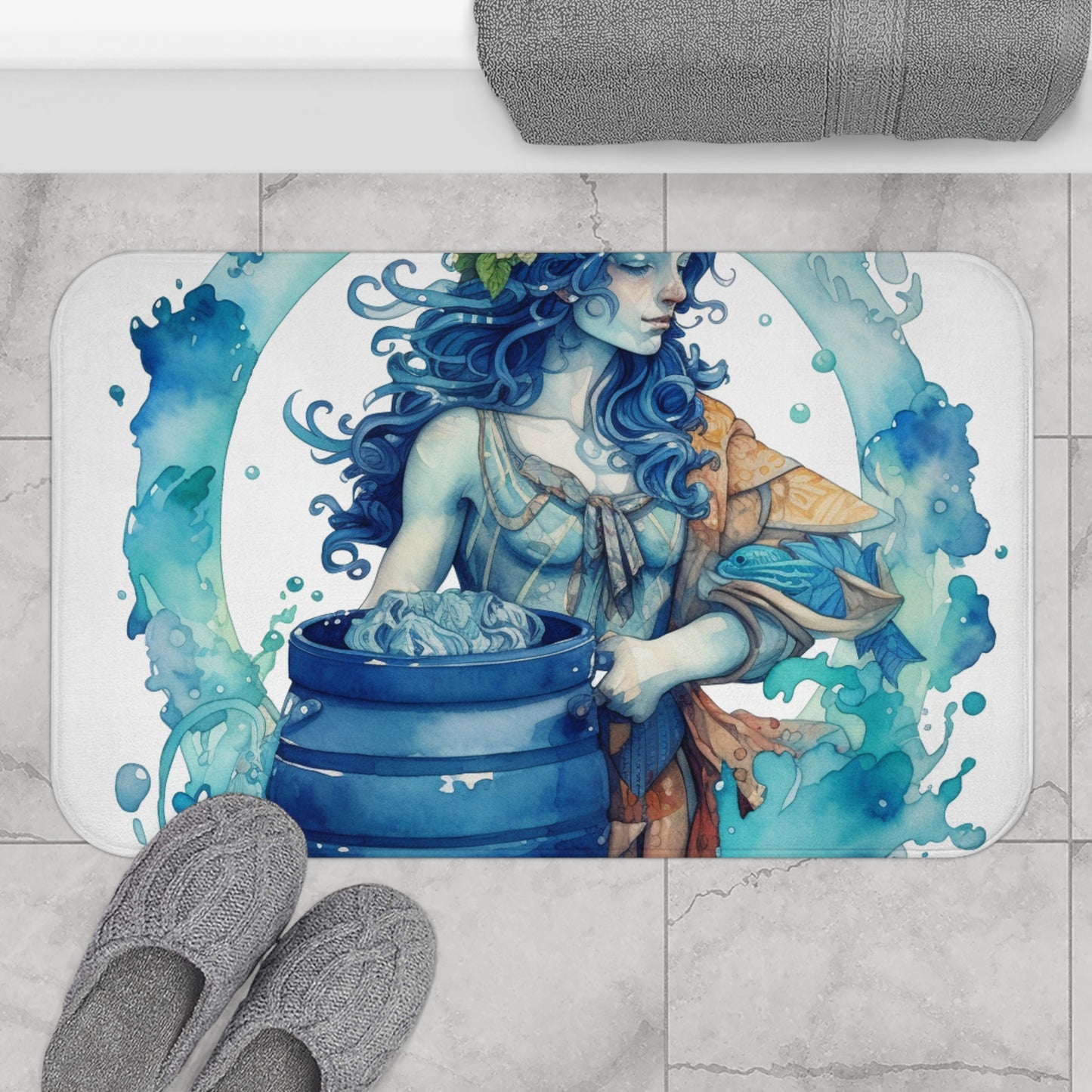 Artistic Aquarius Zodiac - Watercolor Water-Bearer Depiction - Bath Mat