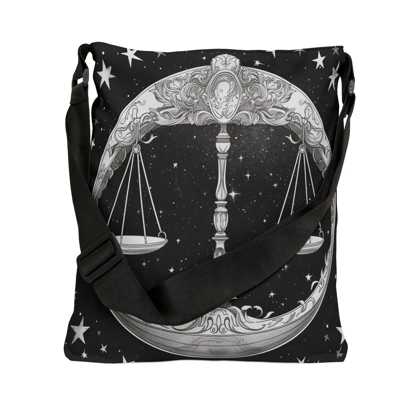 Bolso de mano Libra Zodiac, diseño de escamas en blanco y negro, 100% poliéster hilado, correa ajustable