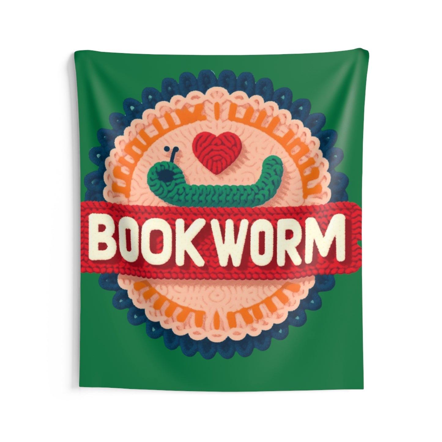 Crochet Bookworm Illustration: Cozy Reader Embroidered Patch Design - Ideal for Bibliophile - Indoor Wall Tapestries