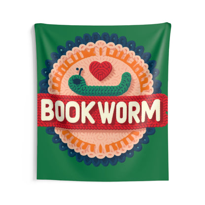 Crochet Bookworm Illustration: Cozy Reader Embroidered Patch Design - Ideal for Bibliophile - Indoor Wall Tapestries