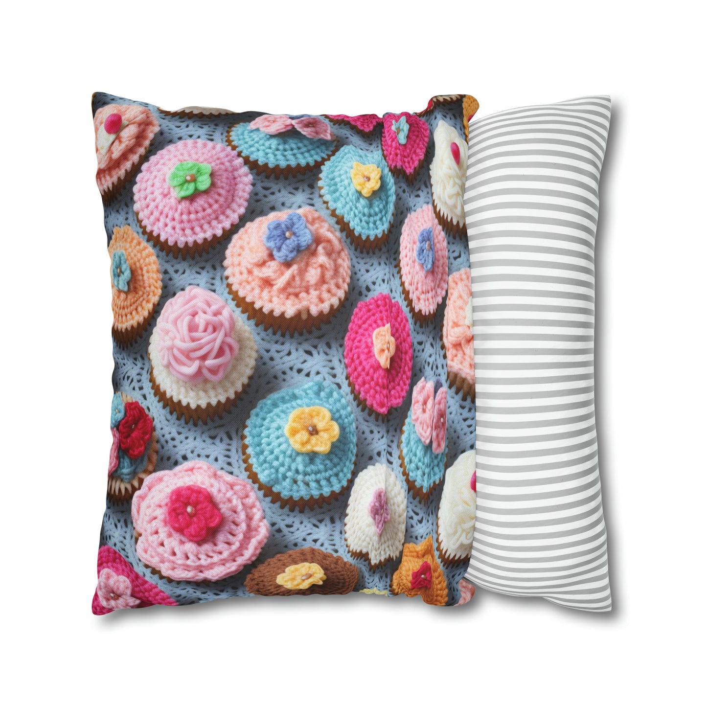 Crochet Cupcake Treat Frosted Cake Dessert Bakery Design - Spun Polyester Square Pillow Case