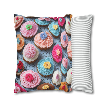 Crochet Cupcake Treat Frosted Cake Dessert Bakery Design - Spun Polyester Square Pillow Case