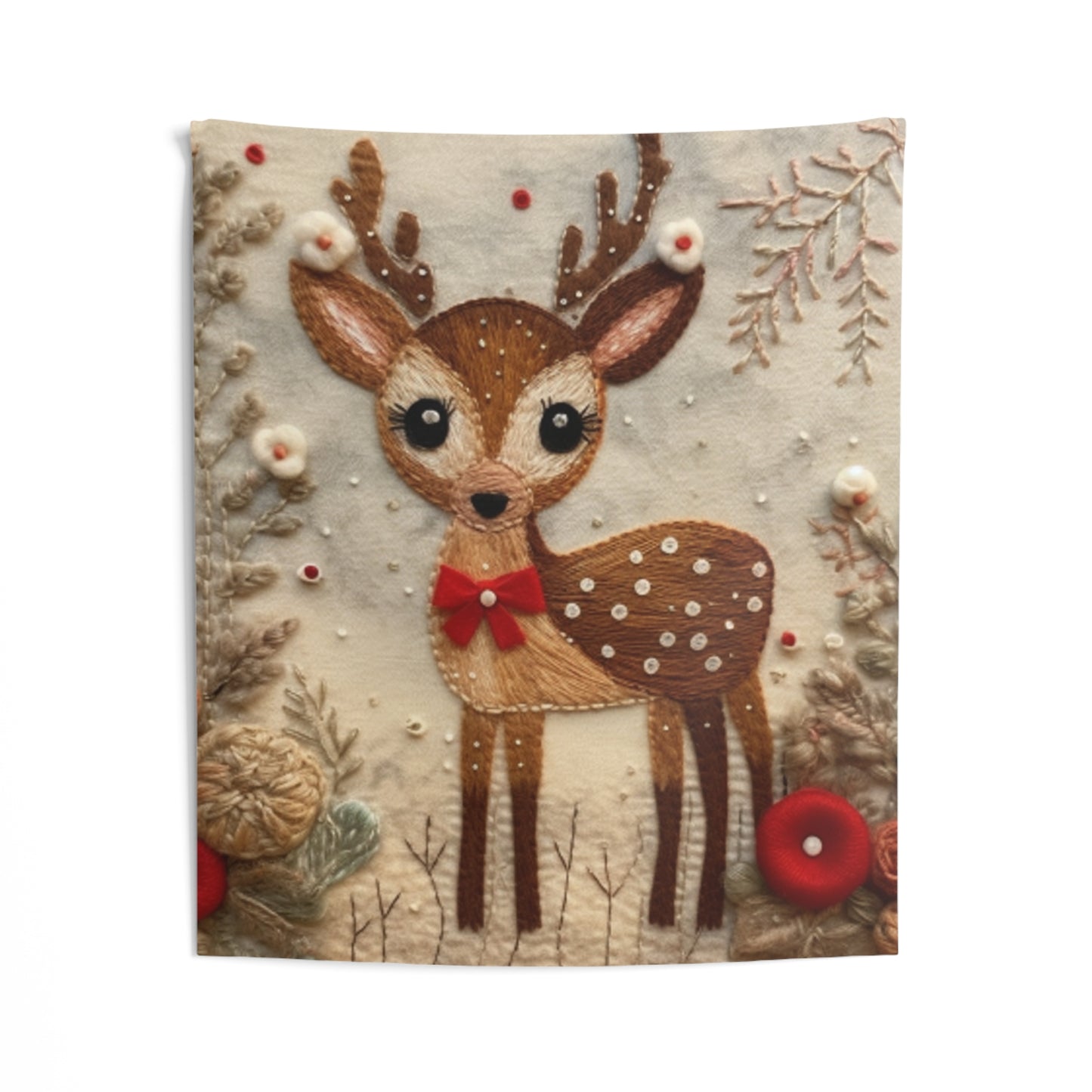 Winter Deer - Style Embroidered Christmas Reindeer, Festive Felt Artwork, Holiday Decor - Indoor Wall Tapestries