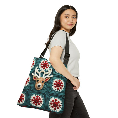 Christmas Reindeer Crochet, Wintry Wonderland Design, Festive Stag Motif. Embrace the Holiday Spirit - Adjustable Tote Bag (AOP)