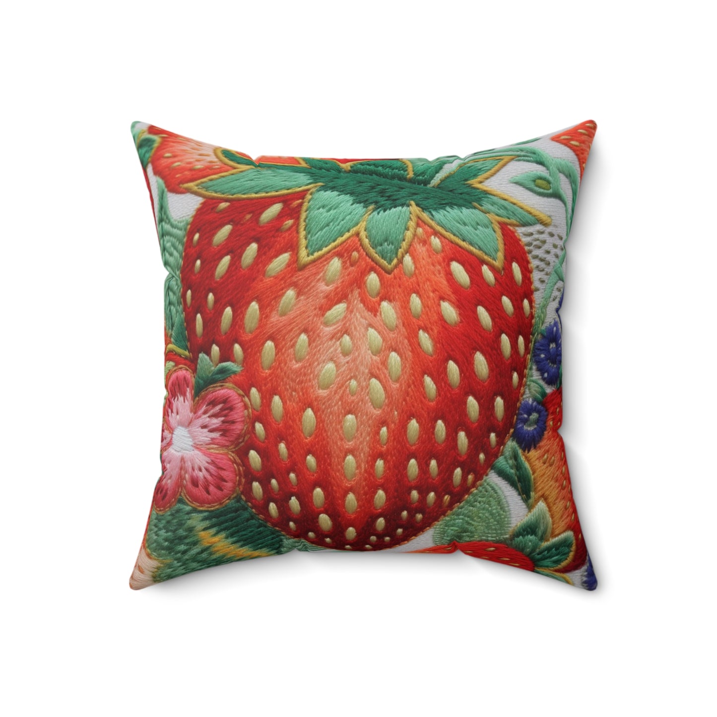 Berry Delight: Sun-Kissed Strawberries Fields Meet Embroidered Style Strawberry Patterns - Spun Polyester Square Pillow