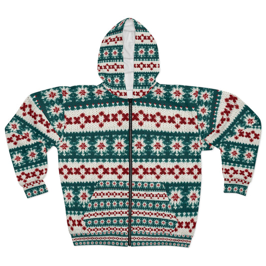 Christmas Knit Crochet Holiday, Festive Yuletide Pattern, Winter Season - Unisex Zip Hoodie (AOP)