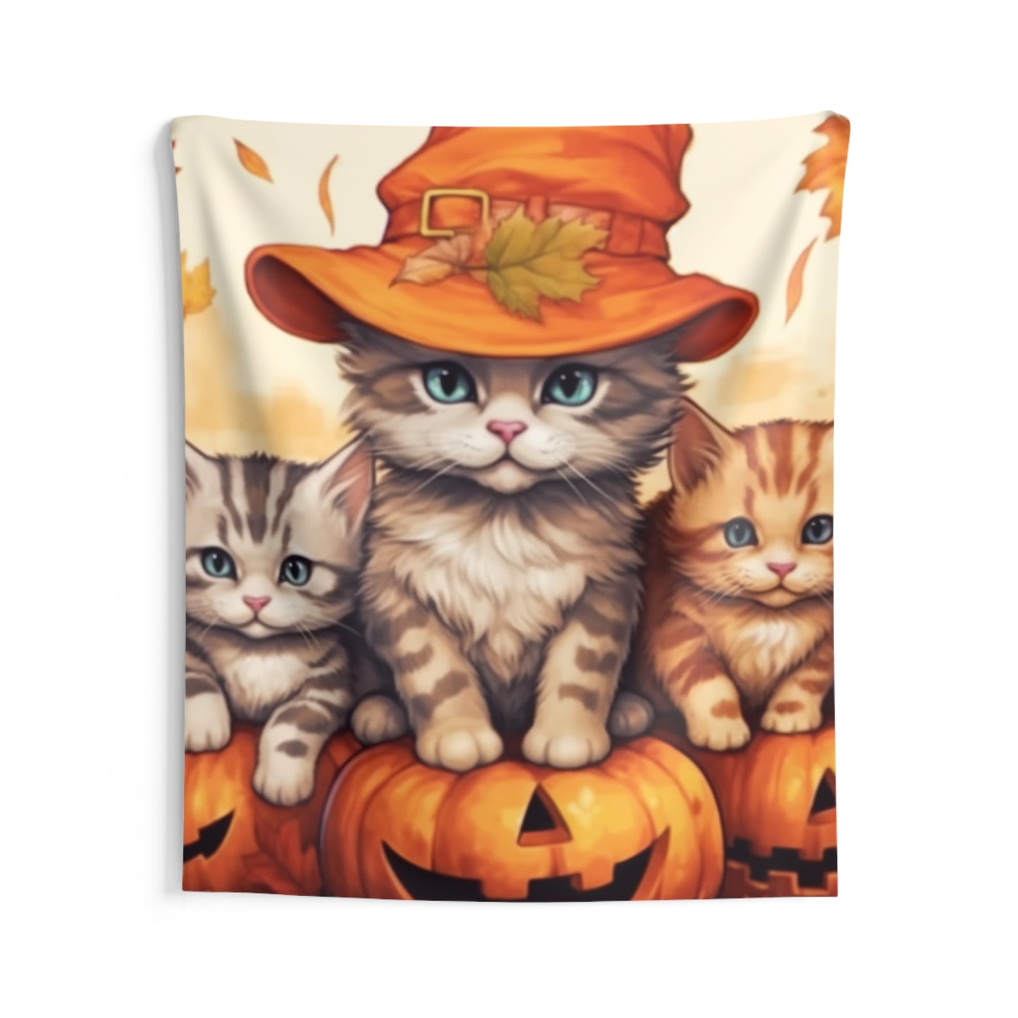 Kitty Cat Kittens Halloween - Cute Furries on Pumpkin - Festive Feline Decor - Indoor Wall Tapestries