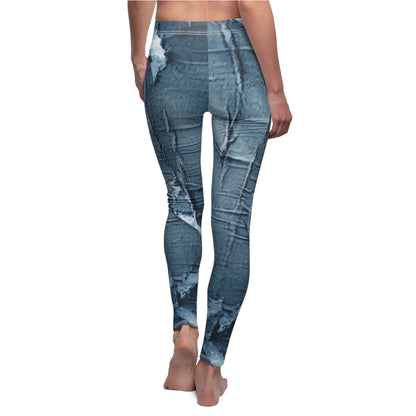 Distressed Blue Denim-Look: Edgy, Torn Fabric Design - Women's Cut & Sew Casual Leggings (AOP)