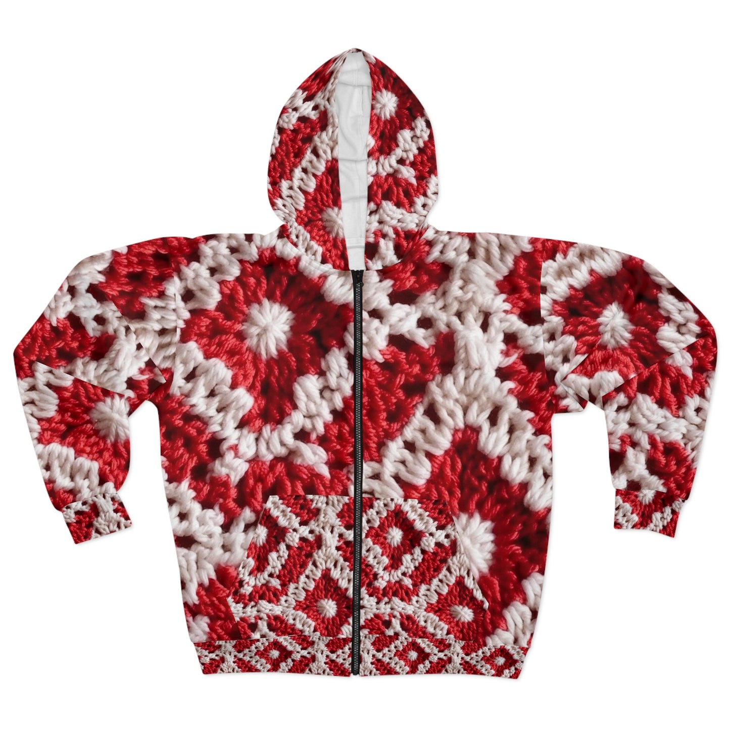 Warm Winter Red & White Crochet Knit: Cinematic Chic Texture Design - Unisex Zip Hoodie (AOP)