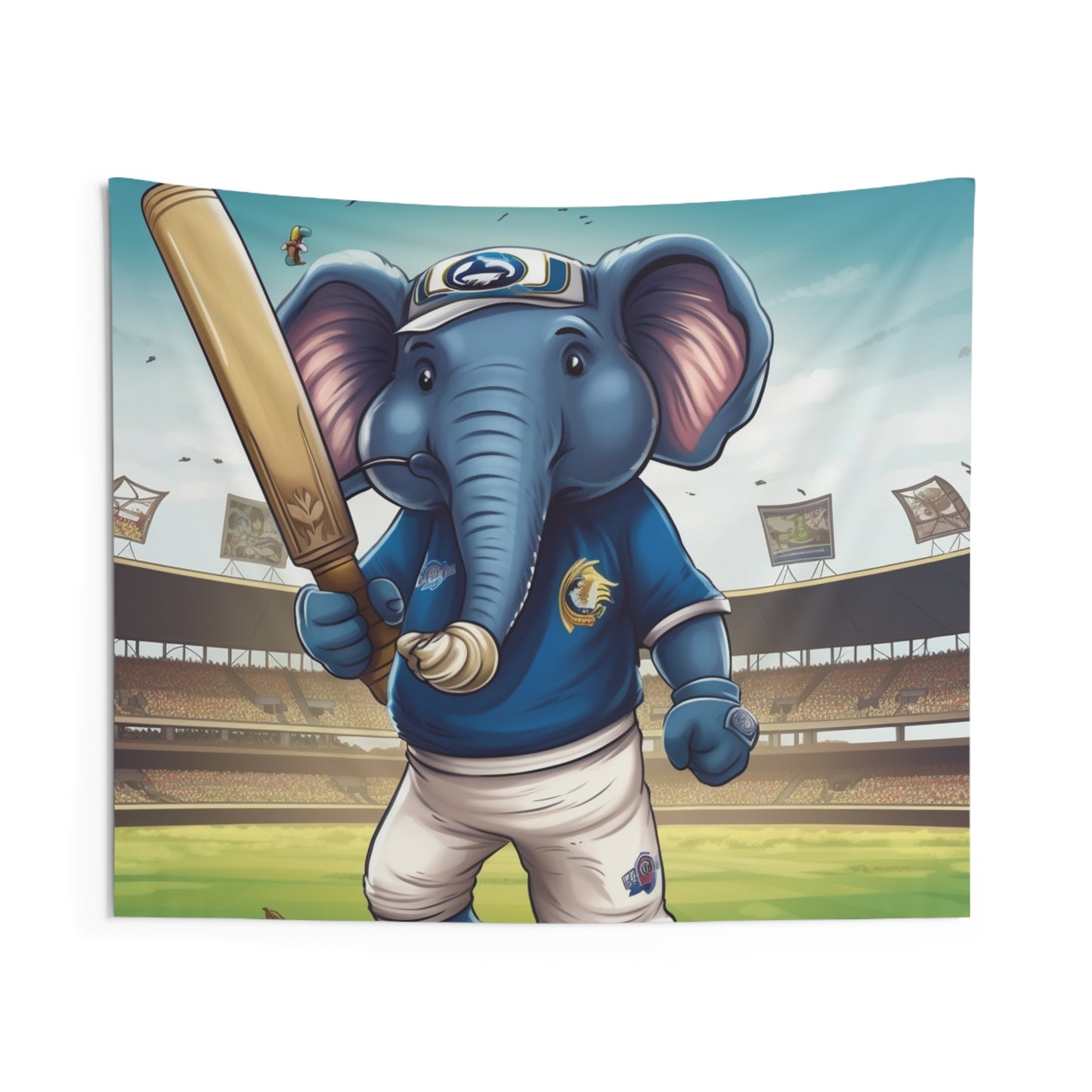 India Elephant Cricket Sport Star: Pitch, Run, Stump Game - Animated Charm - Indoor Wall Tapestries