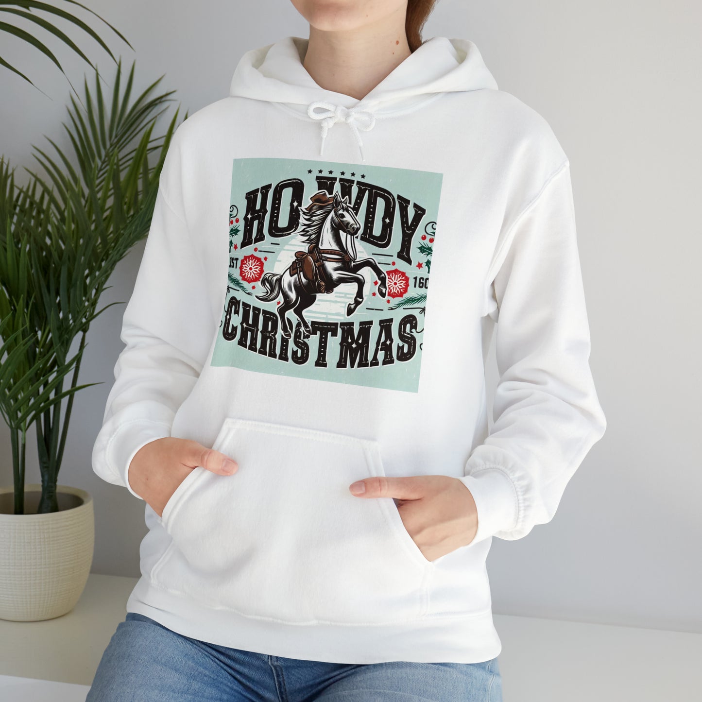 Yuletide Greetings Cowboy Style - Festive Howdy Christmas with Prancing Horse and Snowflake - Unisex Heavy Blend™ Hooded Sweatshirt