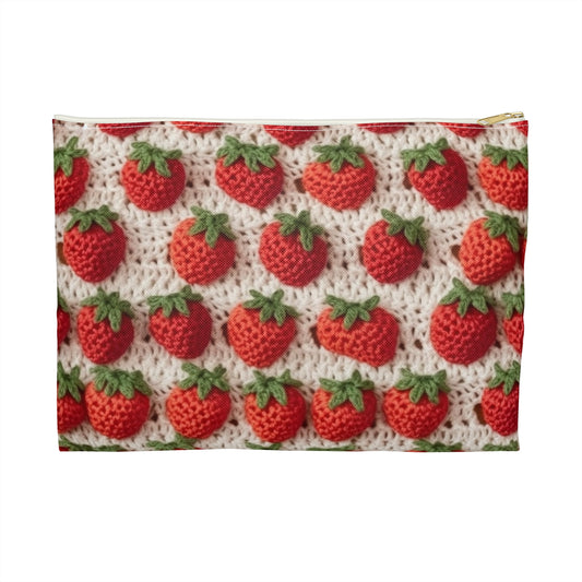 日本の伝統的なイチゴ、かぎ針編み、フルーツデザイン、赤いベリー模様 - アクセサリーポーチ