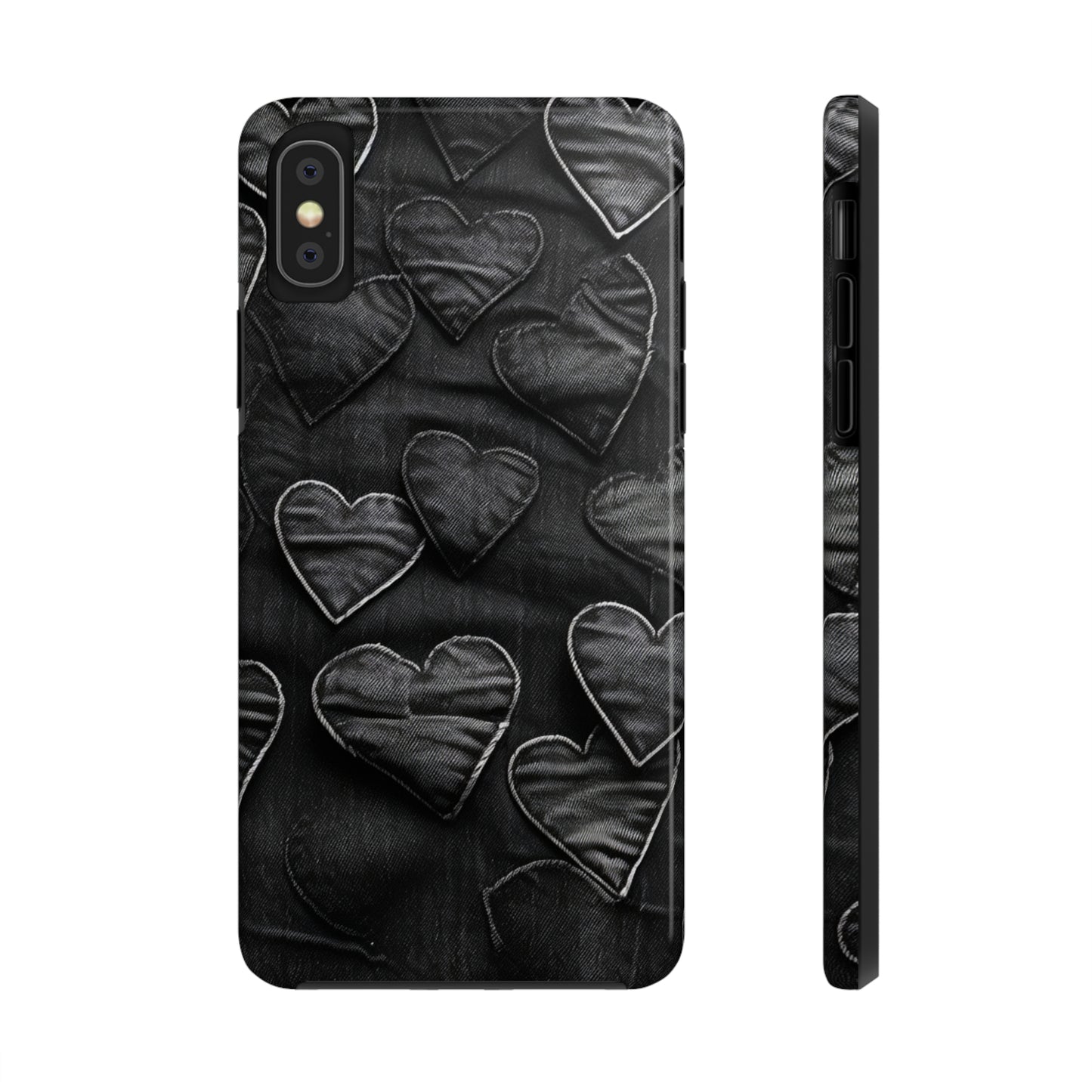 Black: Distressed Denim-Inspired Fabric Heart Embroidery Design - Tough Phone Cases