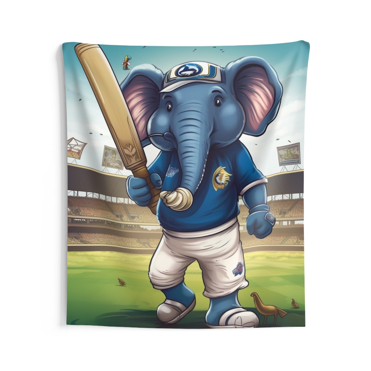 India Elephant Cricket Sport Star: Pitch, Run, Stump Game - Animated Charm - Indoor Wall Tapestries