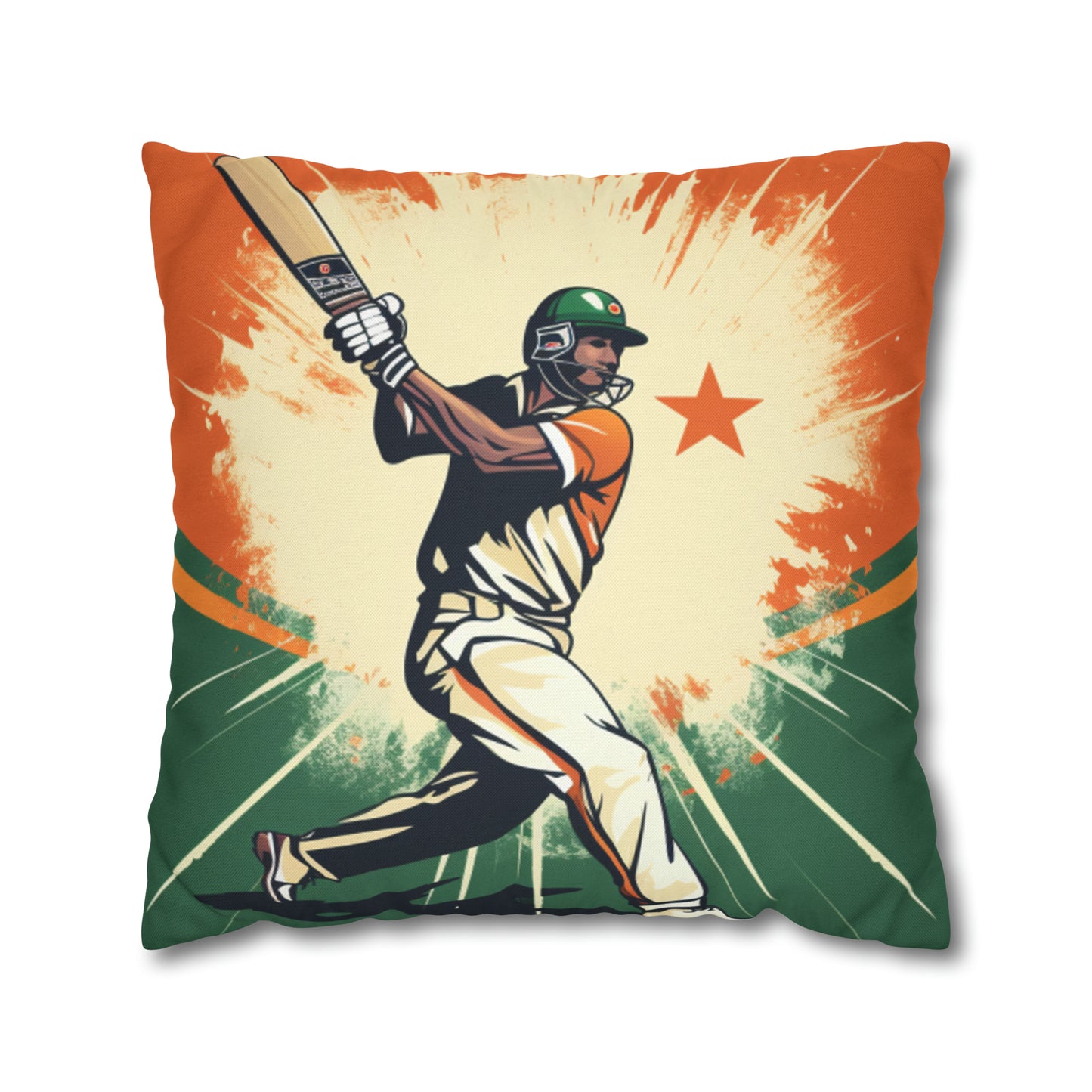 India Cricket Star: Batsman With Willow Bat, National Flag Style - Sport Game - Spun Polyester Square Pillow Case