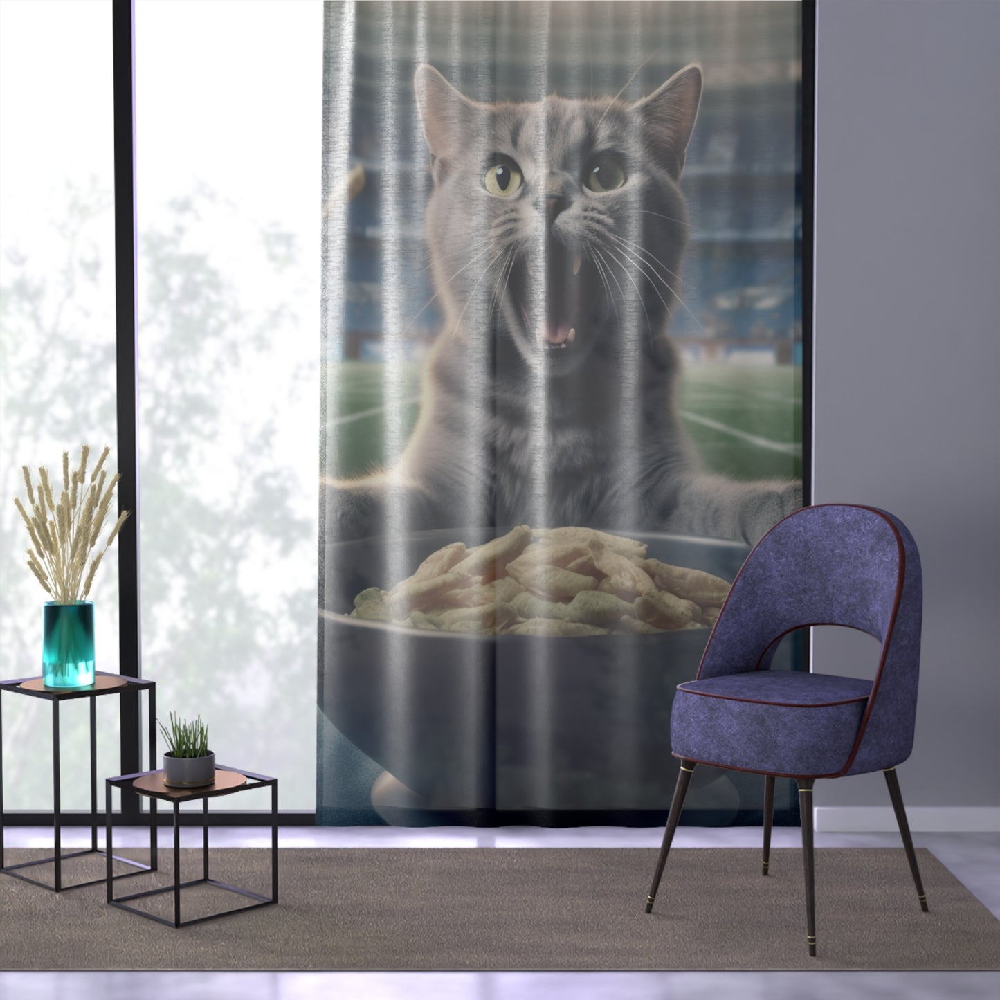 Halftime Football Feline: Screaming Sports Fan Cat Stadium Food Kitten - Window Curtain