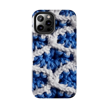 Blueberry Blue Crochet, White Accents, Classic Textured Pattern - Tough Phone Cases