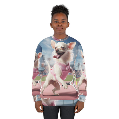 Chihuahua Tennis Ace: Traje rosa para perro, juego deportivo atlético de cancha - Sudadera unisex (AOP)