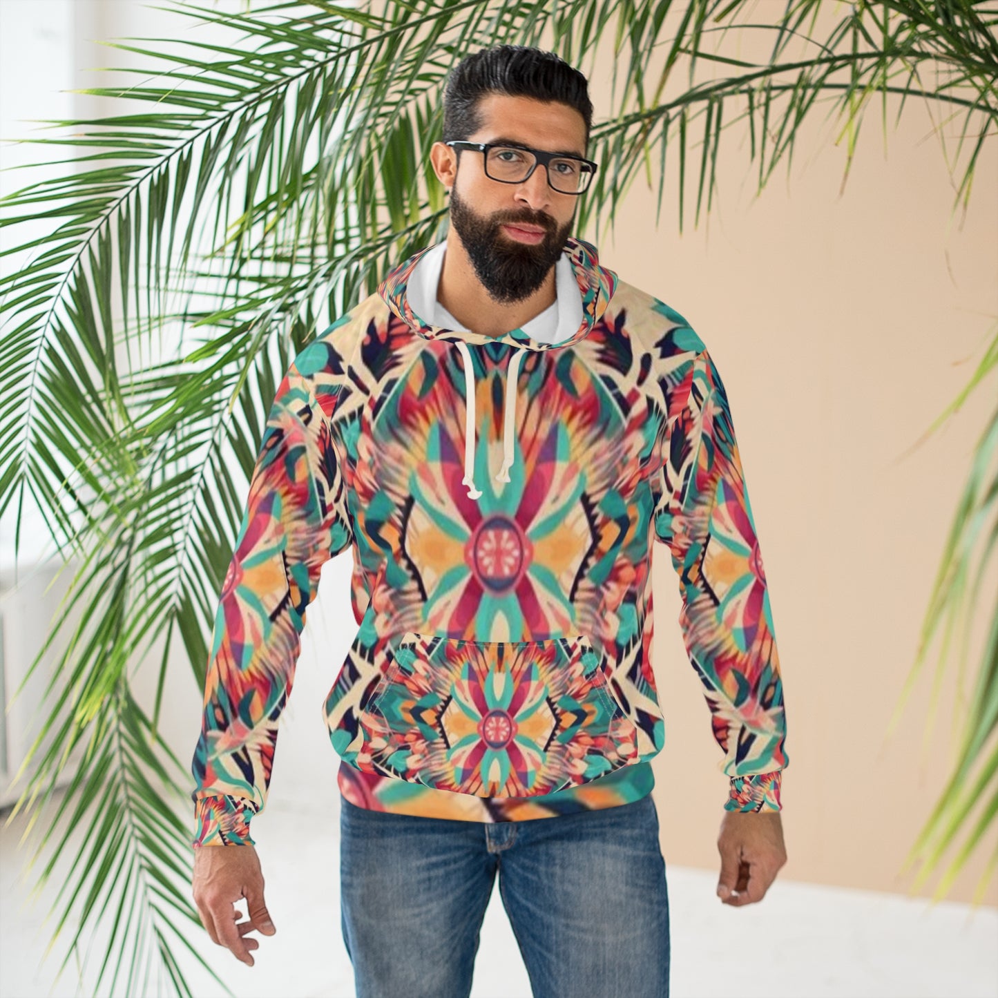 Boho Vibes: Sudadera con capucha unisex con estampado bohemio de verano hecha a mano (AOP) 