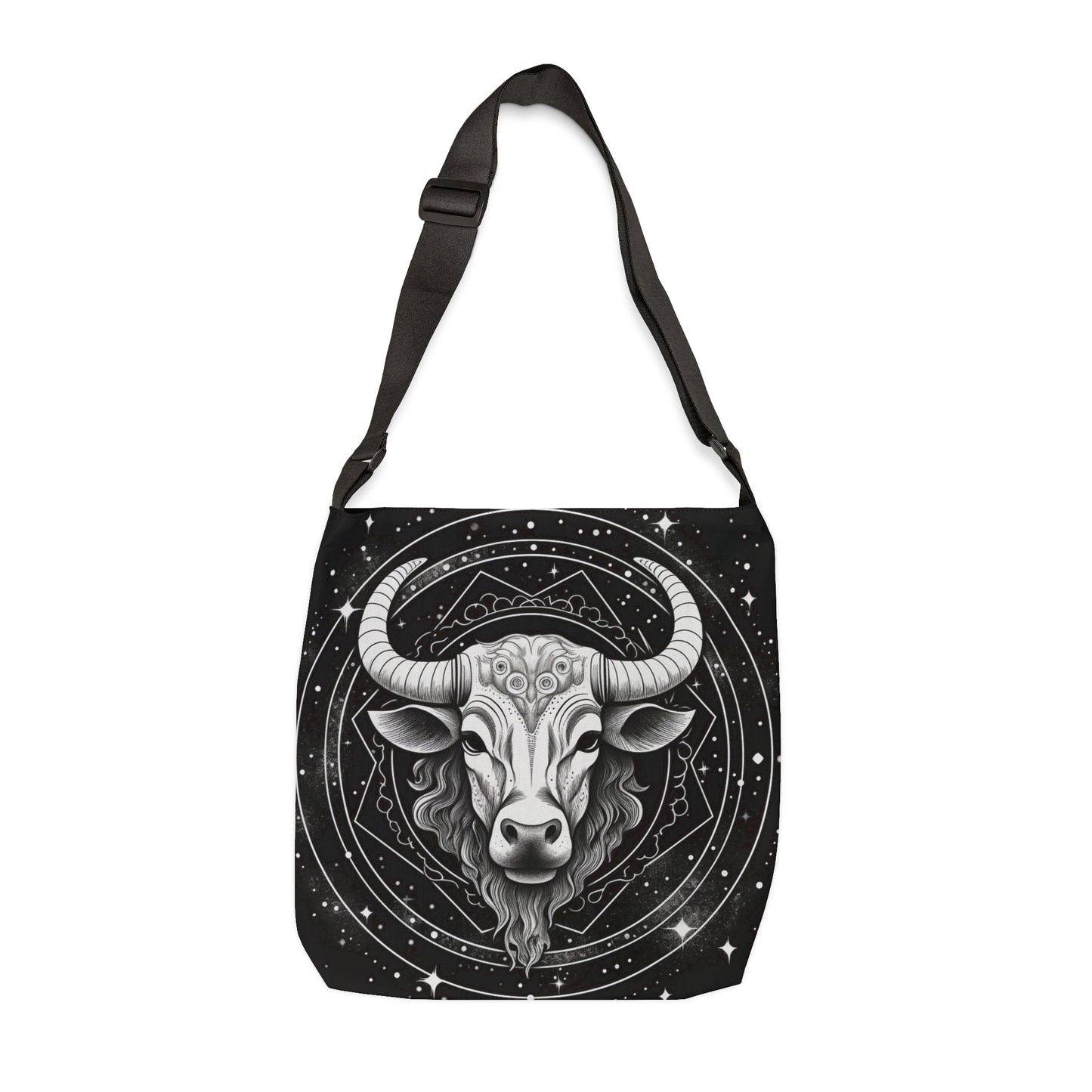 Taurus Zodiac Tote Bag, Black White Bull Design, 100% Spun Polyester, Adjustable Strap