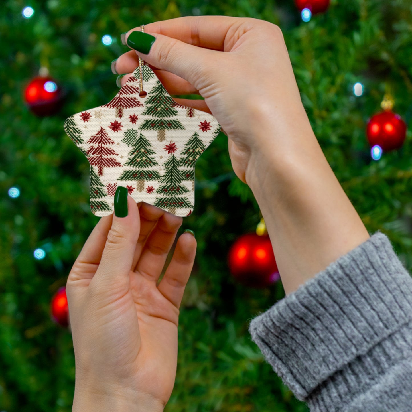 Embroidered Christmas Winter, Festive Holiday Stitching, Classic Seasonal Design - Ceramic Ornament, 4 Shapes