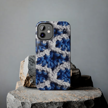 Blueberry Blue Crochet, White Accents, Classic Textured Pattern - Tough Phone Cases