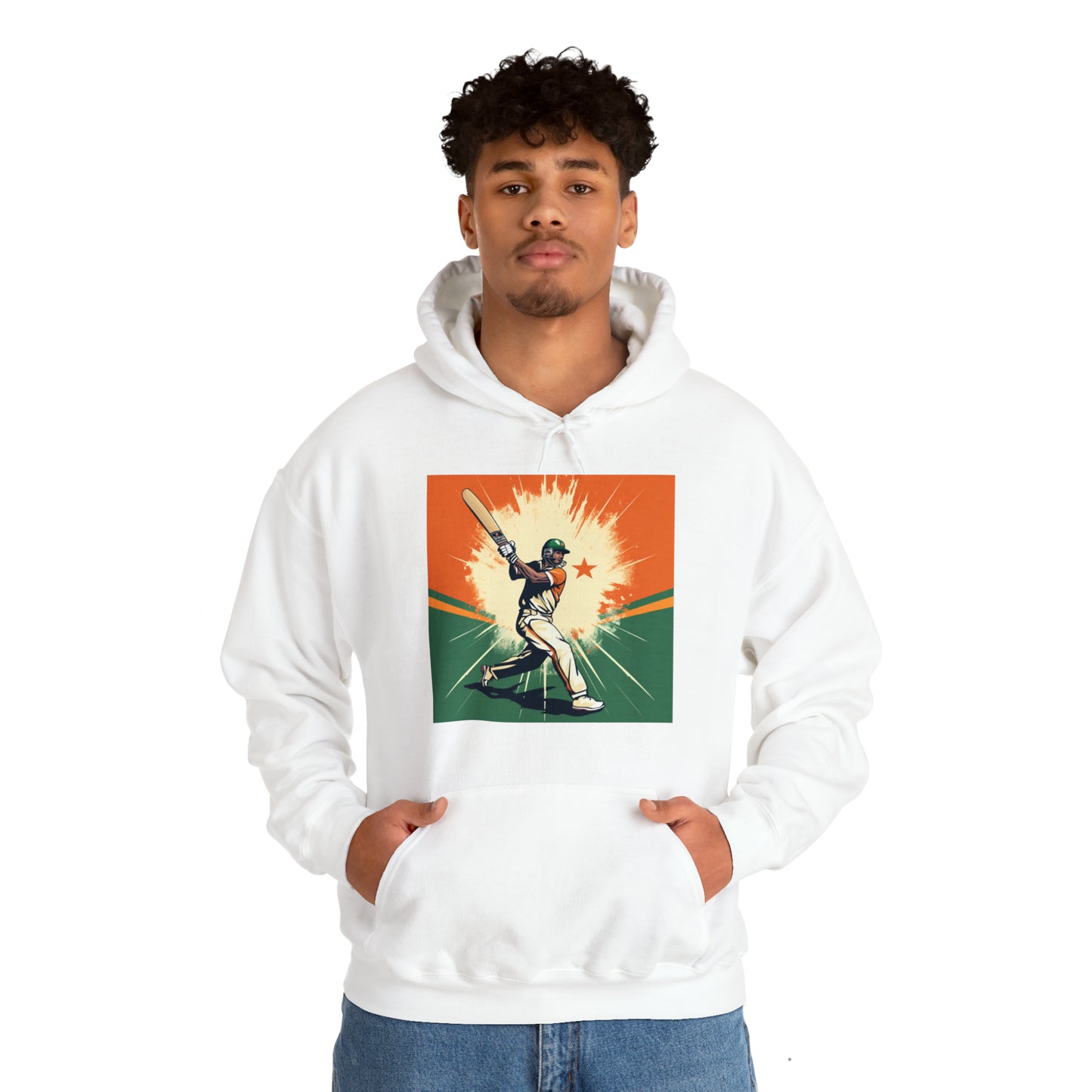 India Cricket Star: Batsman With Willow Bat, National Flag Style - Sport Game - Unisex Heavy Blend™ Hooded Sweatshirt