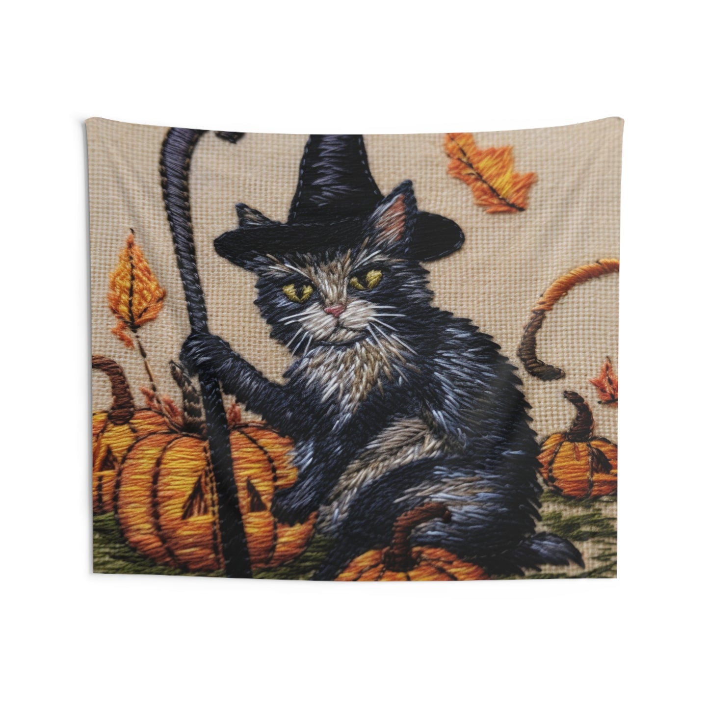 Halloween Cat Magic: Embroidered Style Feline with Pumpkins & Witch Hat - Indoor Wall Tapestries