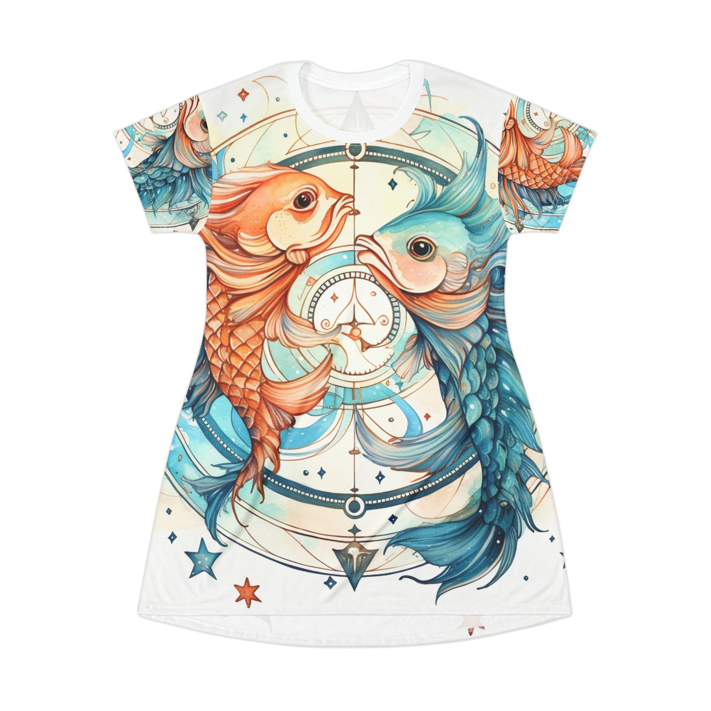 Pisces Zodiac Horoscope - Starry Watercolor & Ink, Hyper-Detailed Fish T-Shirt Dress (AOP)