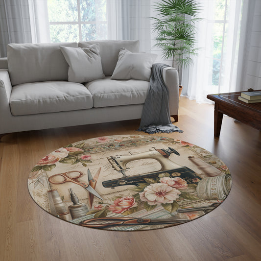 Classic Floral Sewing Ensemble: Vintage-Inspired with Antique Sewing Machine and Scissors - Round Rug