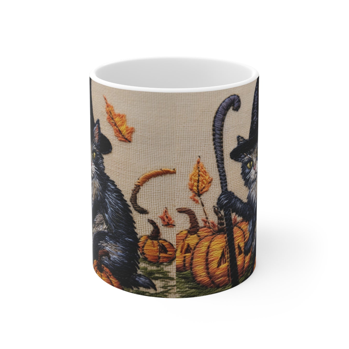 Halloween Cat Magic: Embroidered Style Feline with Pumpkins & Witch Hat - Ceramic Mug 11oz