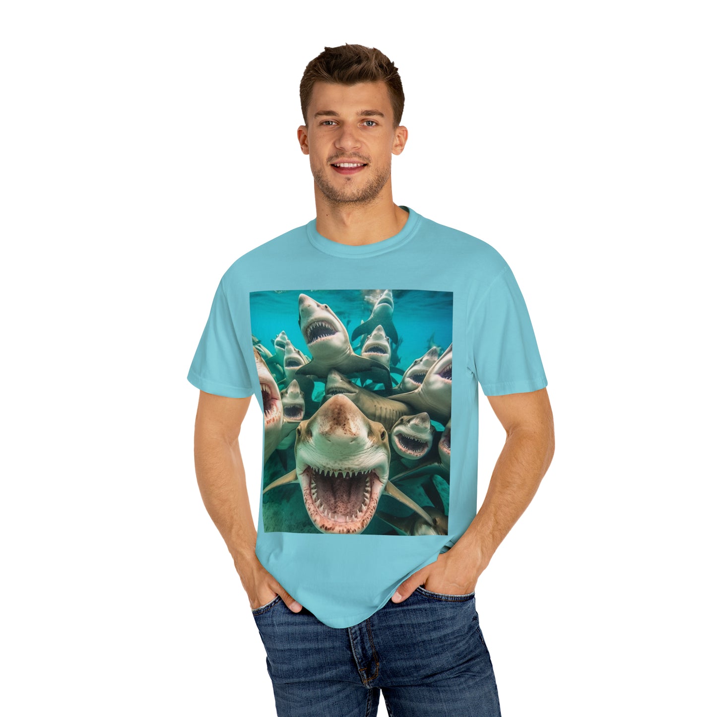 Laughing Lemon Sharks: Joyful Sea Jaws Ocean Deep - Unisex Garment-Dyed T-shirt