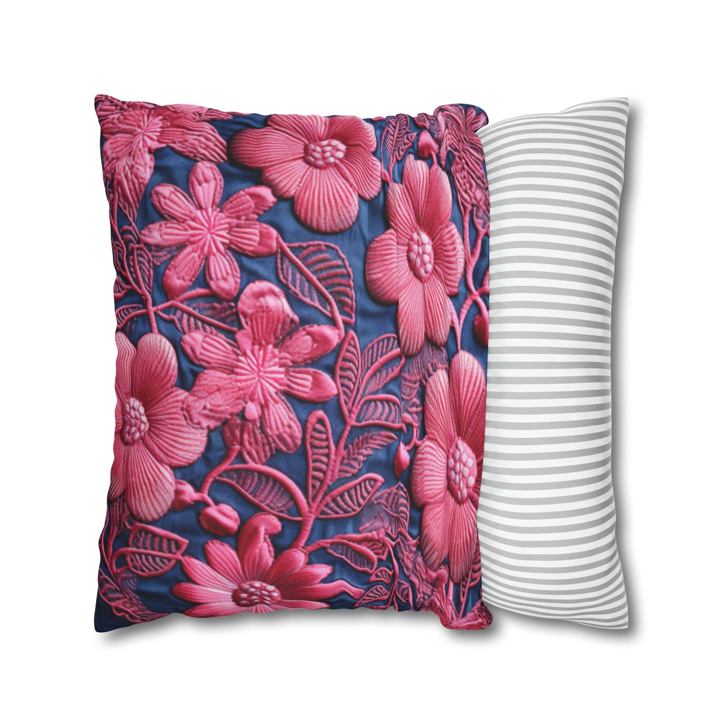 Denim Blue Doll Pink Floral Embroidery Style Fabric Flowers - Spun Polyester Square Pillow Case