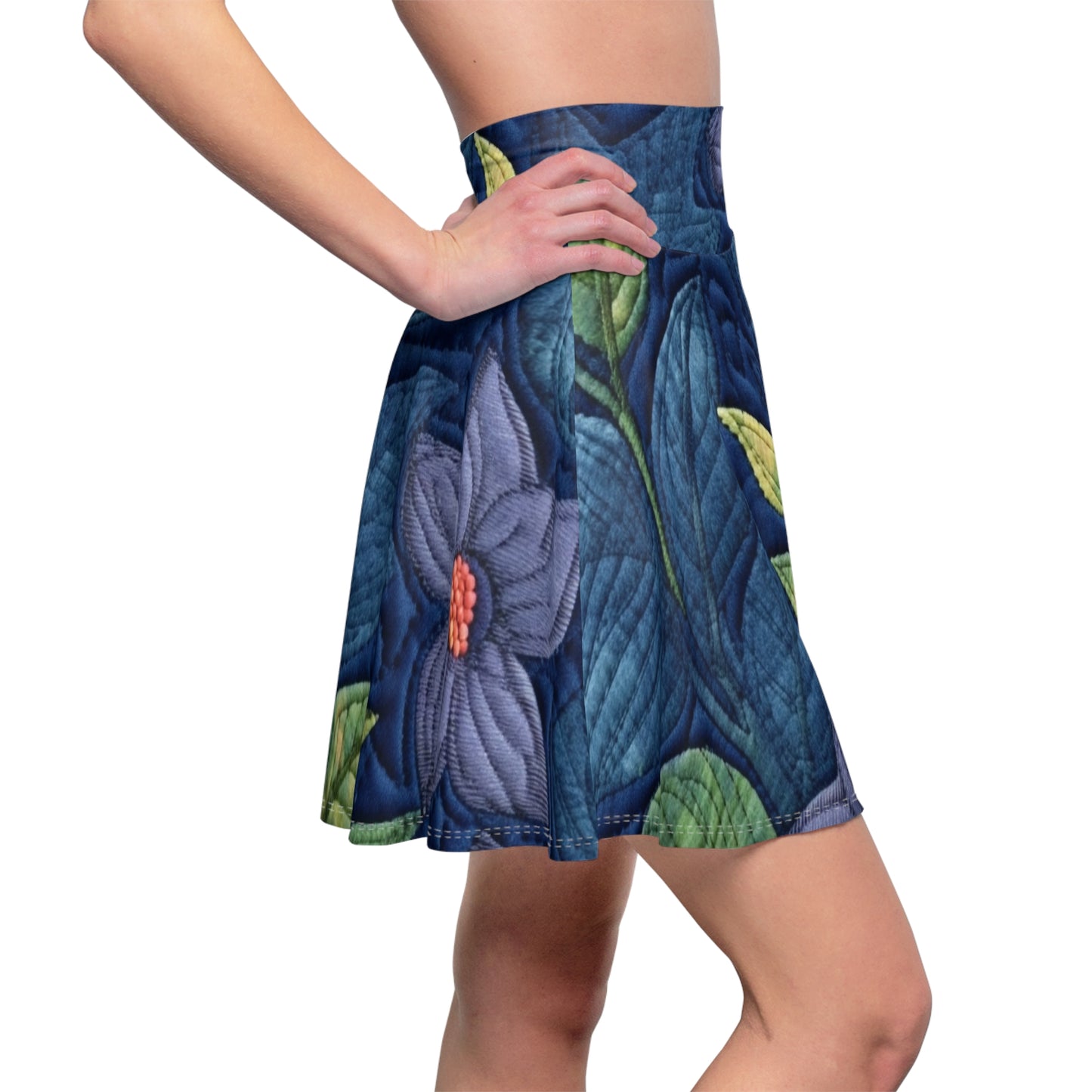 Floral Embroidery Blue: Denim-Inspired, Artisan-Crafted Flower Design - Women's Skater Skirt (AOP)