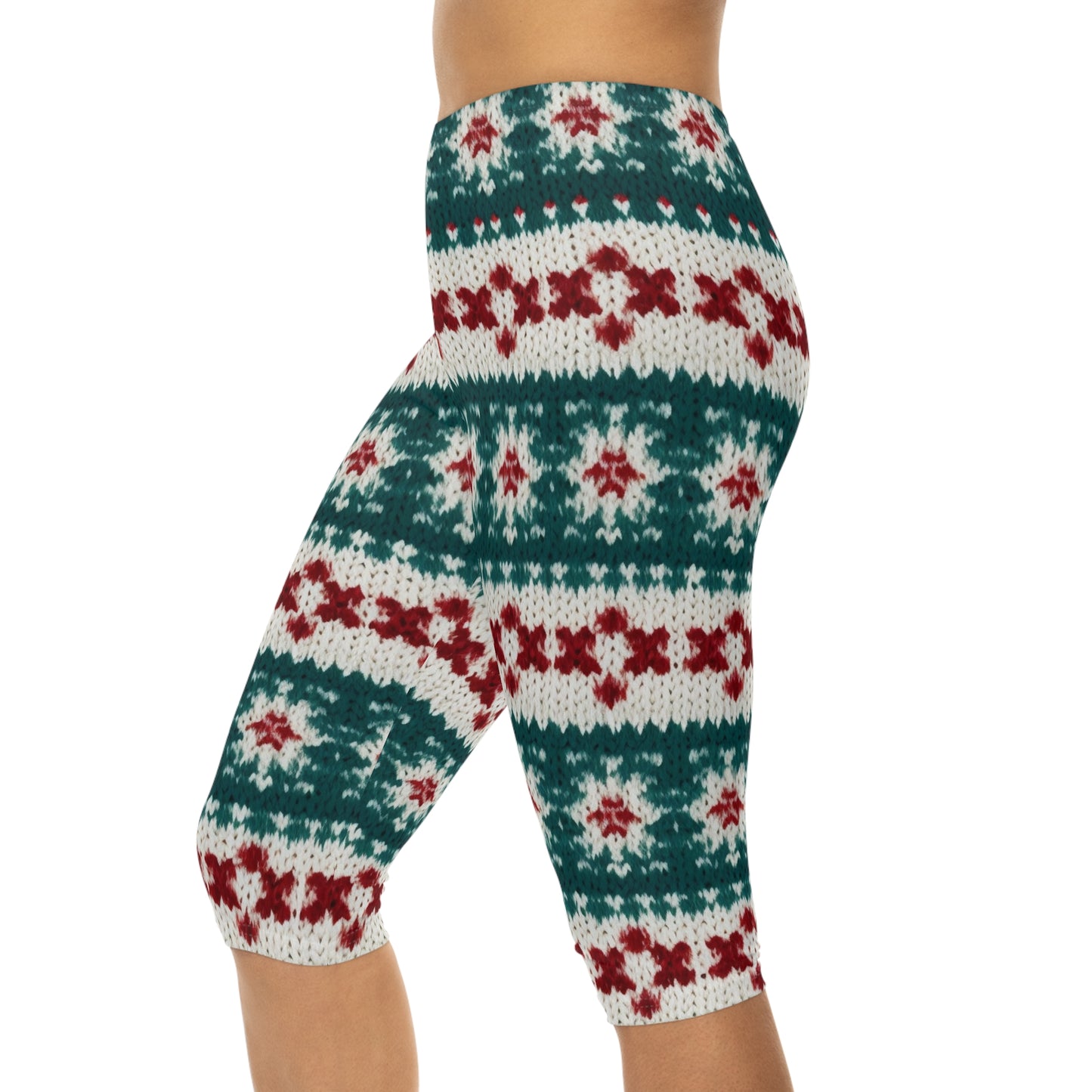 Vacaciones de ganchillo de punto navideño, patrón festivo de Navidad, temporada de invierno - Leggings capri para mujer (AOP)