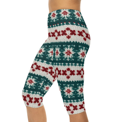 Vacaciones de ganchillo de punto navideño, patrón festivo de Navidad, temporada de invierno - Leggings capri para mujer (AOP)